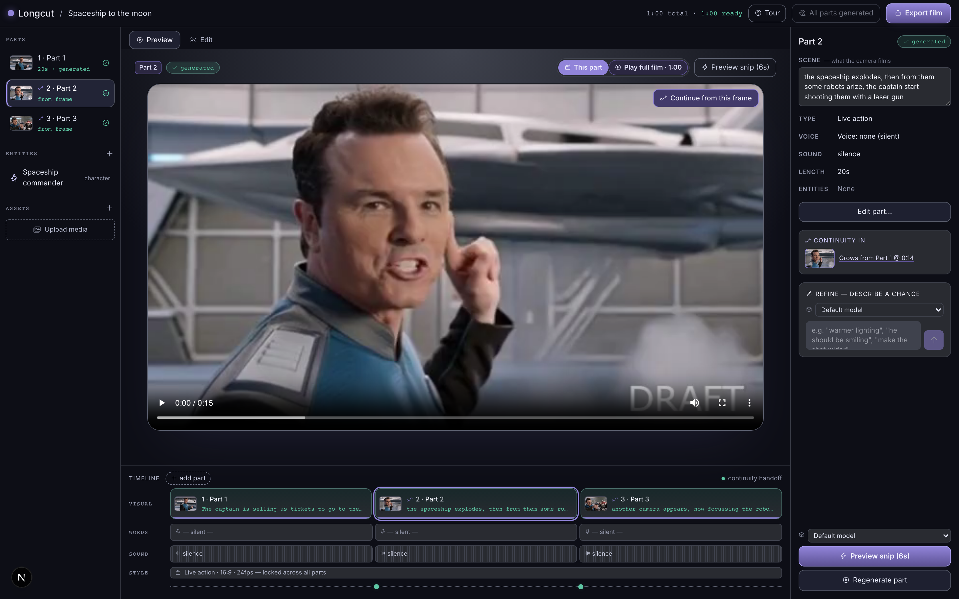 The continuity panel: Part 2 grows from the last frame of Part 1, with the same character carried forward.