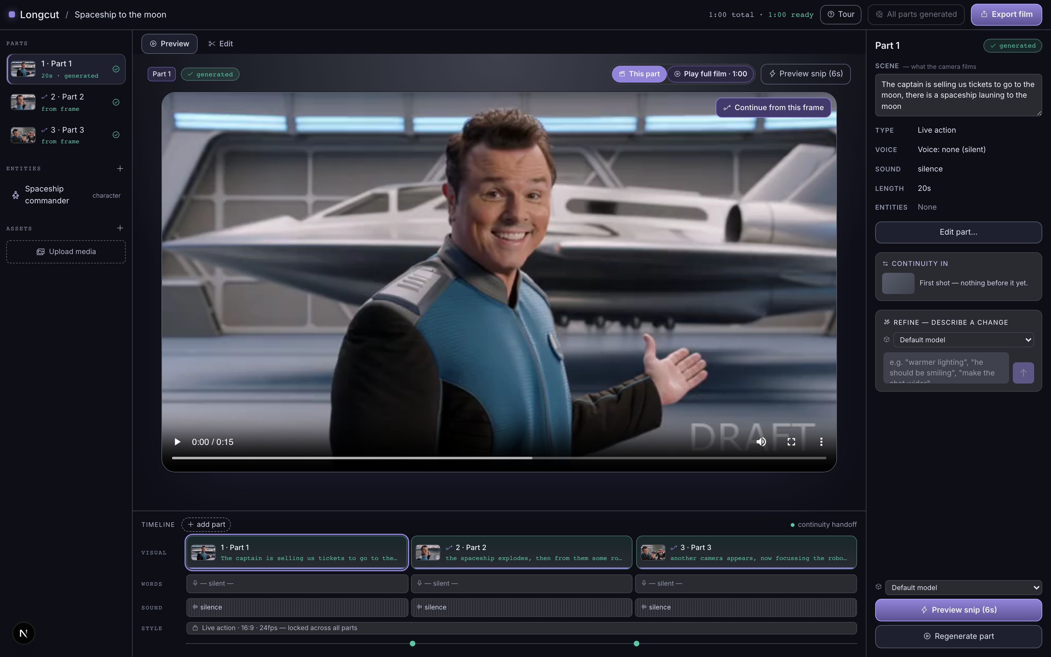 The Studio8MM workspace: a parts timeline, a generated preview, and the scene, continuity and refine panels.